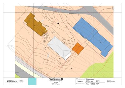 Situasjonsplan som viser tomtens topografi (høydekurver), eksisterende og planlagte bygninger, samt vegforhold.