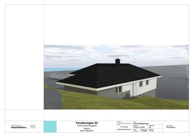 3D-visualisering (rendering) av en planlagt bolig med adresse Fauskevegen 52. Bildet viser fasade, tak og omgivelser.
