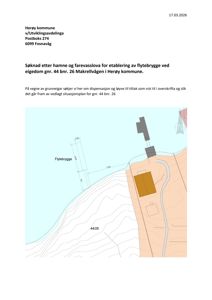Situasjonsplan som viser etablering av flytebrygge ved eiendommen gnr. 44 bnr. 26 i Herøy kommune.