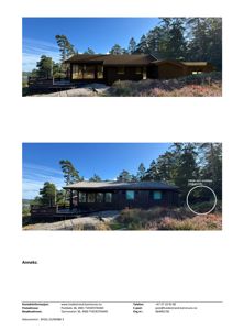 Fotografier av en bygning (anneks) sett fra utsiden, med merking om utvidelse som er ulovlig.