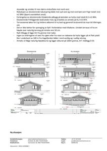 Fasadetegning som viser eksisterende og ny situasjon av en hytte med oppriss fra fire sider (Nord, Sør, Vest, Øst).