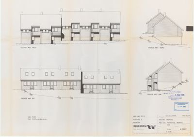 Fasadetegning som viser bygningens utsyn mot vest, nord, øst og sør.