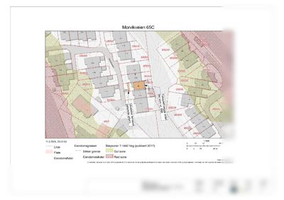 Situasjonsplan som viser eiendomsgranser, eiendomstilknytninger, støysoner og reguleringsplaner for Morivkveien 65C.