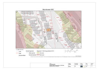 Situasjonsplan som viser eiendomsgranser, eiendomstilknytninger, støysoner og reguleringsplaner for Morivkveien 65C.