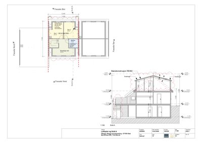 Bildet viser en kombinasjon av etasjeplan (øverst) og snittegning (nederst) for en bolig. Øverst er det en plan med romfordeling (soverom, bad, stue) og fasader. Nederst er det et snitt (Snitt A) som viser bærekonstruksjon, høyder og etasjer.