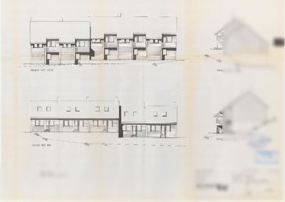 Fasadetegning som viser bygningens utsyn mot vest, nord, øst og sør.