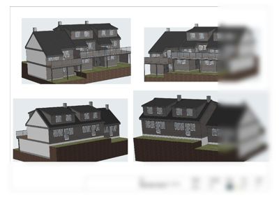Bildet viser fire ulike vinkler på en 3D-visualisering av en planlagt bolig. Det er en illustrasjon av fasade og volum.