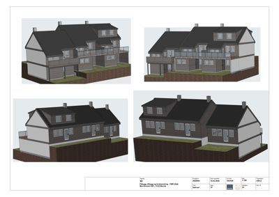 Bildet viser fire ulike vinkler på en 3D-visualisering av en planlagt bolig. Det er en illustrasjon av fasade og volum.