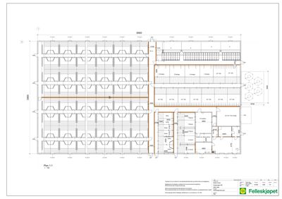 Etasjeplan (Plan 1-1) som viser romfordeling, dimensjoner og plassering av vegg og dører i en bygning.
