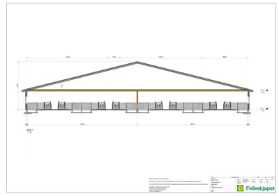 Snittegning (Snitt 1) som viser bygningens tverrsnitt, takhøyde, fundament og innvendige deler.