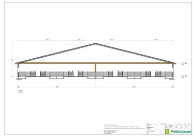 Snittegning (Snitt 1) som viser bygningens tverrsnitt, takhøyde, fundament og innvendige deler.