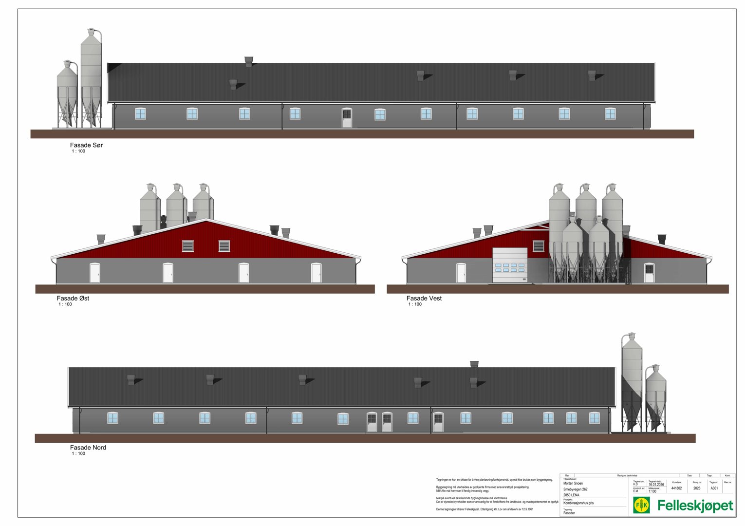 Fasadetegning som viser bygningens utseende fra fire sider (Sør, Øst, Vest, Nord) med siloer og detaljer.