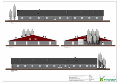 Fasadetegning som viser bygningens utseende fra fire sider (Sør, Øst, Vest, Nord) med siloer og detaljer.