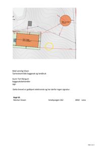 Situasjonsplan som viser tomtens terrengforhold (konturlinjer), plassering av eksisterende og nytt bygg, samt avstandsmålinger og arealopplysninger (BTA).