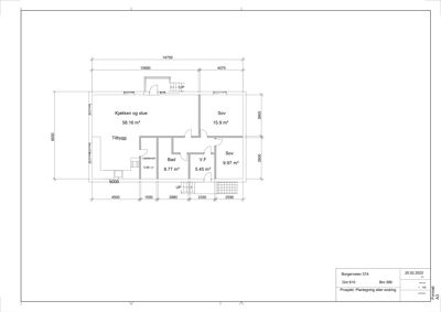 Etasjeplan (plantegning) som viser romfordeling, arealer og dimensjoner for et hus.