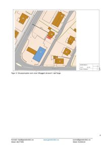 Situasjonsplan som viser bygningers plassering i forhold til veier og tomtegrenser. En bygning er markert med rød farge.