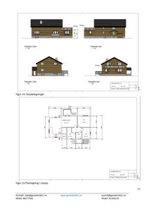 Bildet viser en samling fasadetegninger (Figur 14) og en etasjeplan (Figur 15) for en bolig. De øverste tegningene er fasadeopprikkene (Nord, Sør, Vest, Øst), mens den nedre tegningen er en plantegning.