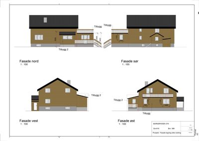 Fasadetegning som viser bygningens utseende fra fire sider (nord, sør, vest, øst) med mål og tilbygg.