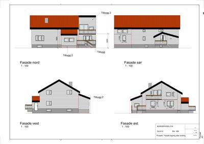 Fasadetegning som viser bygningens utseende fra alle fire sider (nord, sør, vest, øst) med mål og detaljer om tilbygg.