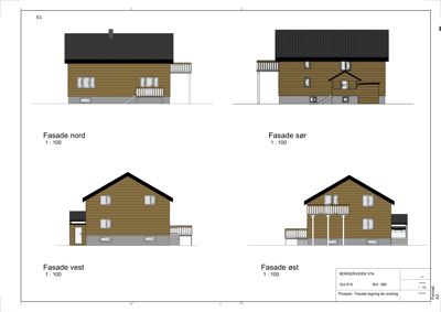 Fasadetegning som viser bygningens utsikt fra alle fire sider (nord, sør, vest, øst) med detaljer om vinduer, dører, trapper og balkonger.