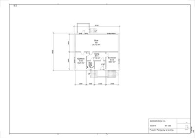 Etasjeplan (plantegning) som viser romfordeling, mål og areal for en bolig.