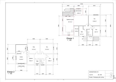 Plantegning som viser romfordeling og mål for Etasje 1 og Etasje 2 av en bolig.