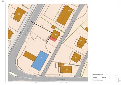 Situasjonsplan som viser bygningers plassering i forhold til veier (Sørporsborgveien, Borgerveien) og nabotomter.