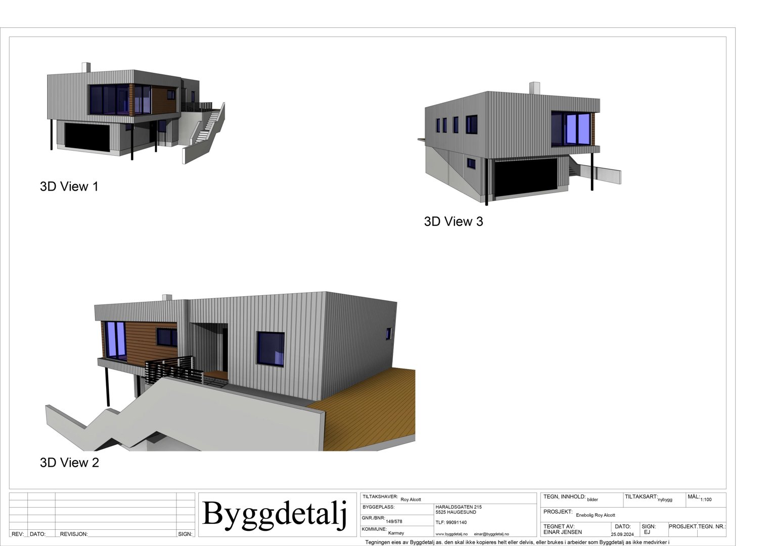 Tre 3D-visualiseringer (renderinger) av en planlagt bygning fra ulike vinkler.