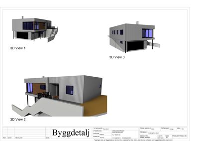 Tre 3D-visualiseringer (renderinger) av en planlagt bygning fra ulike vinkler.