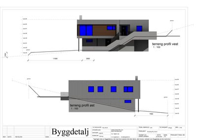 Tegning som viser fasadeopprikk (terrengprofil) for bygningen sett fra vest og øst, inkludert høydeangivelser og terrengforhold.
