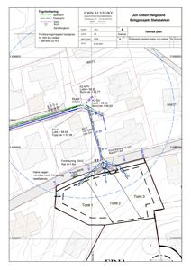 Situasjonsplan som viser tomtsplassering (Tomt 1, 2, 3), vann- og avløpsledninger, fordreining, og topografi.