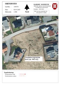 Ortofotografisk situasjonsplan som viser eiendomsgranser, naboeiendommer og den omsøkte tomten.