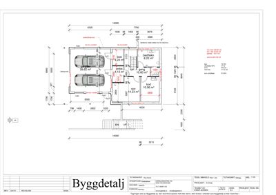 Etasjeplan (1. etasje) som viser romfordeling, mål på rom og parkeringsplasser.