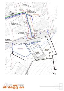 Situasjonsplan som viser tomtsplassering, vei, graving og riggplan.