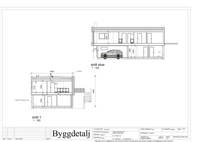 Snittegning av en bygning som viser romfordeling, høyder og konstruksjon.