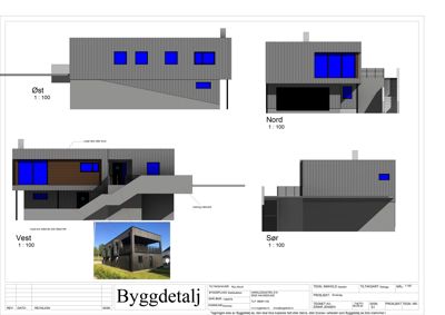 Fasadetegning som viser bygningens utseende fra fire sider (Øst, Nord, Vest, Sør) med skala 1:100.