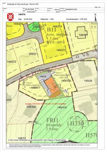 Situasjonskart som viser eiendommen 149/578 med omgivende tomter, veier og arealdata.