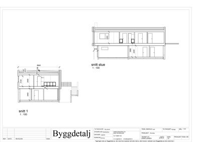 Tegning som viser tverrsnitt gjennom en bygning (snitt 1 og snitt stue) med mål og romoppdeling.