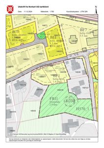 Situasjonsplan (tomtekart) som viser eiendomsinndeling, arealer, byggegrenser og reguleringer for et område.