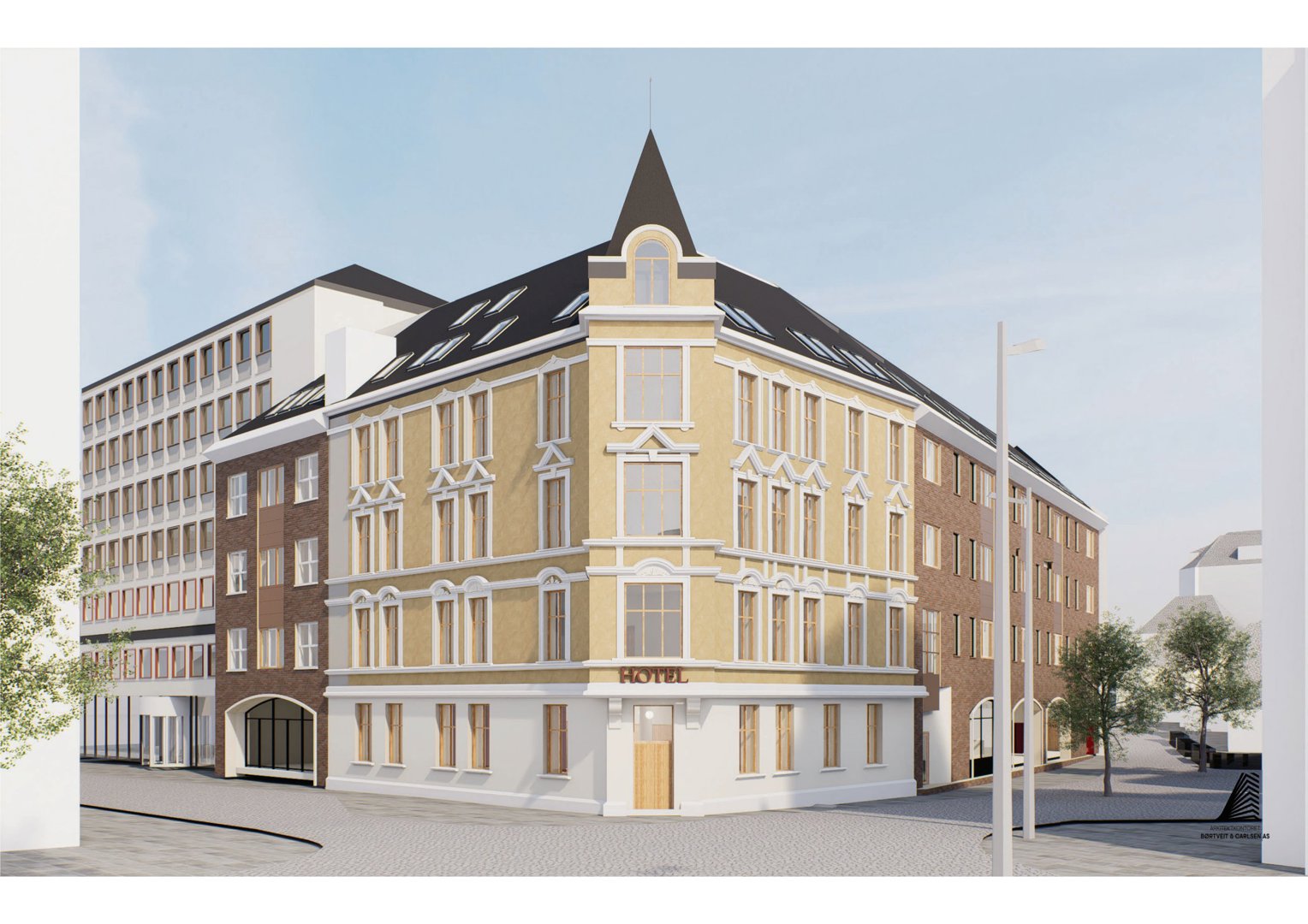 3D-visualisering av en planlagt bygning (hotel) sett fra gaten.