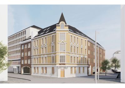 3D-visualisering av en planlagt bygning (hotel) sett fra gaten.