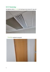 Fotografier av et kontorinteriør som viser takkonstruksjon med lys og en dør.