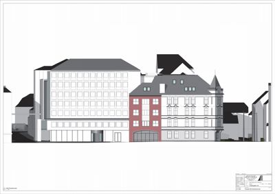 Fasadetegning som viser bygningens utseende fra fronten, inkludert vinduer, takform og fasadefarger.