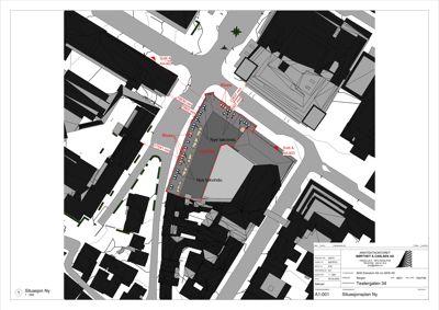 Situasjonsplan som viser bygningens plassering i forhold til nabolaget, veier og andre bygninger.