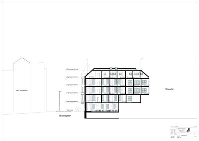 Fasadetegning som viser bygningens utseende sett fra Teatergaten, med oppriss av etasjer og romfordeling.