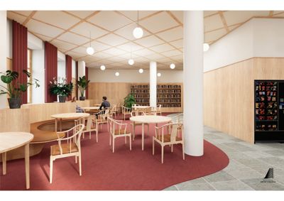 3D-visualisering av et bibliotek eller lesesal med møbler, planter og bokhyller.