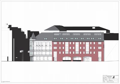 Fasadetegning som viser bygningens utseende sett fra fronten, med detaljer om vinduer, fasadefarger og takform.