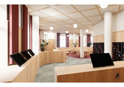 3D-visualisering av et interiør, sannsynligvis en bibliotek eller kafé, med fokus på innredning, materialvalg og lyssetting.