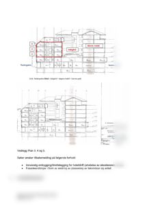 Bildet viser en snittegning (snitt) av en bygning sett fra Teatergaten mot bakgåden/Sverres gate. Det er også inkludert en fasade- eller frontsidegavegning under snittet.