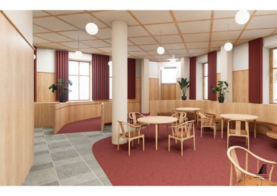 3D-visualisering av et interiør, sannsynligvis en kafé eller spiseområde, med møbler, planlegging og innredning.